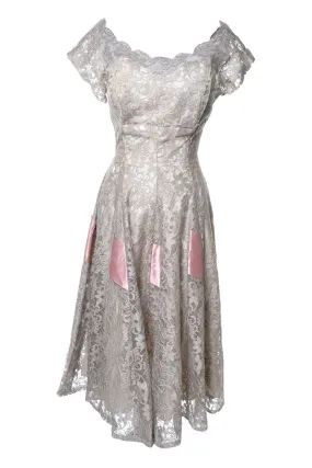1950's Taupe Illusion Lace Bodice With Nude Silk Lining and Pink Ribbon Details Size 6