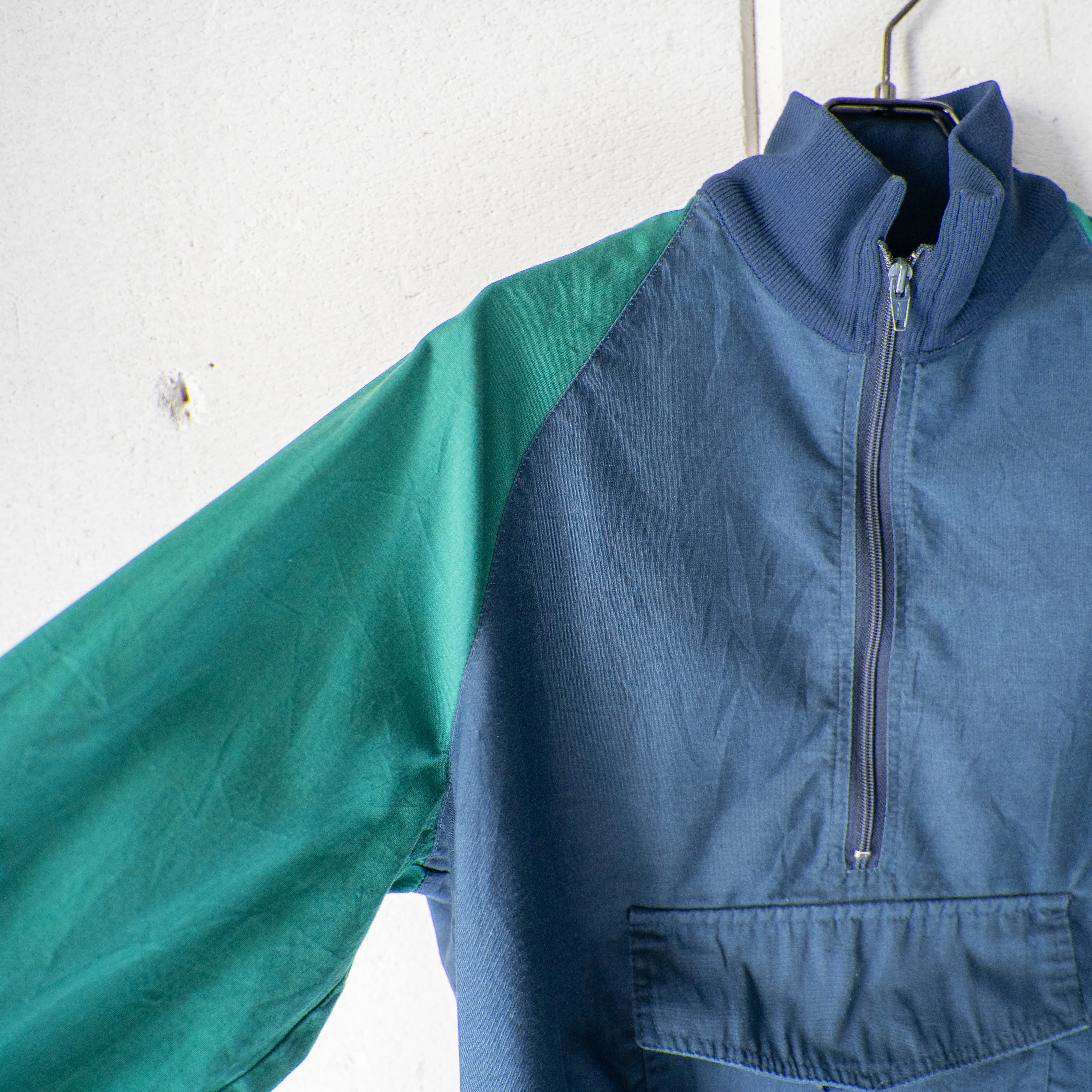 1980-90s green × navy half zip smock