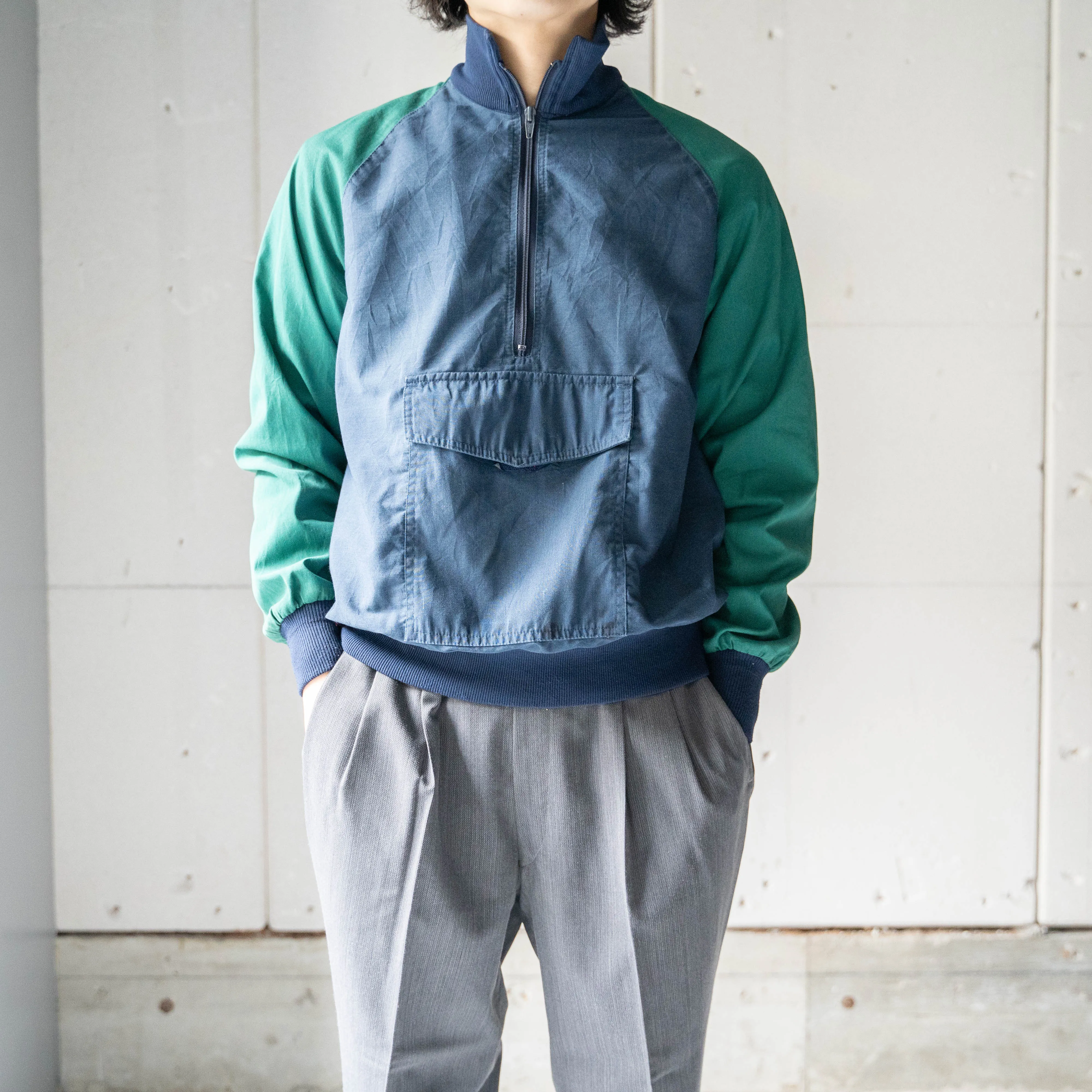 1980-90s green × navy half zip smock
