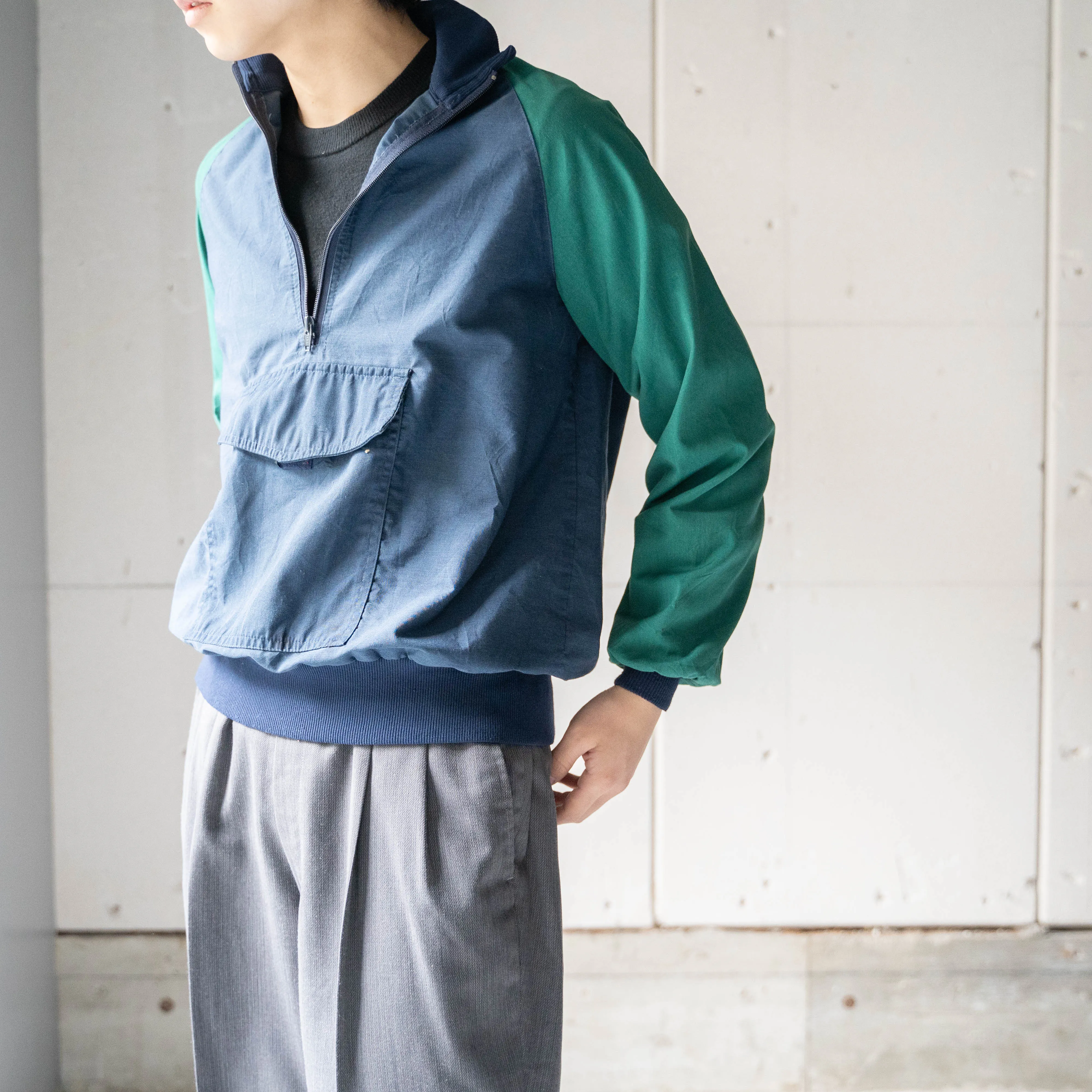 1980-90s green × navy half zip smock