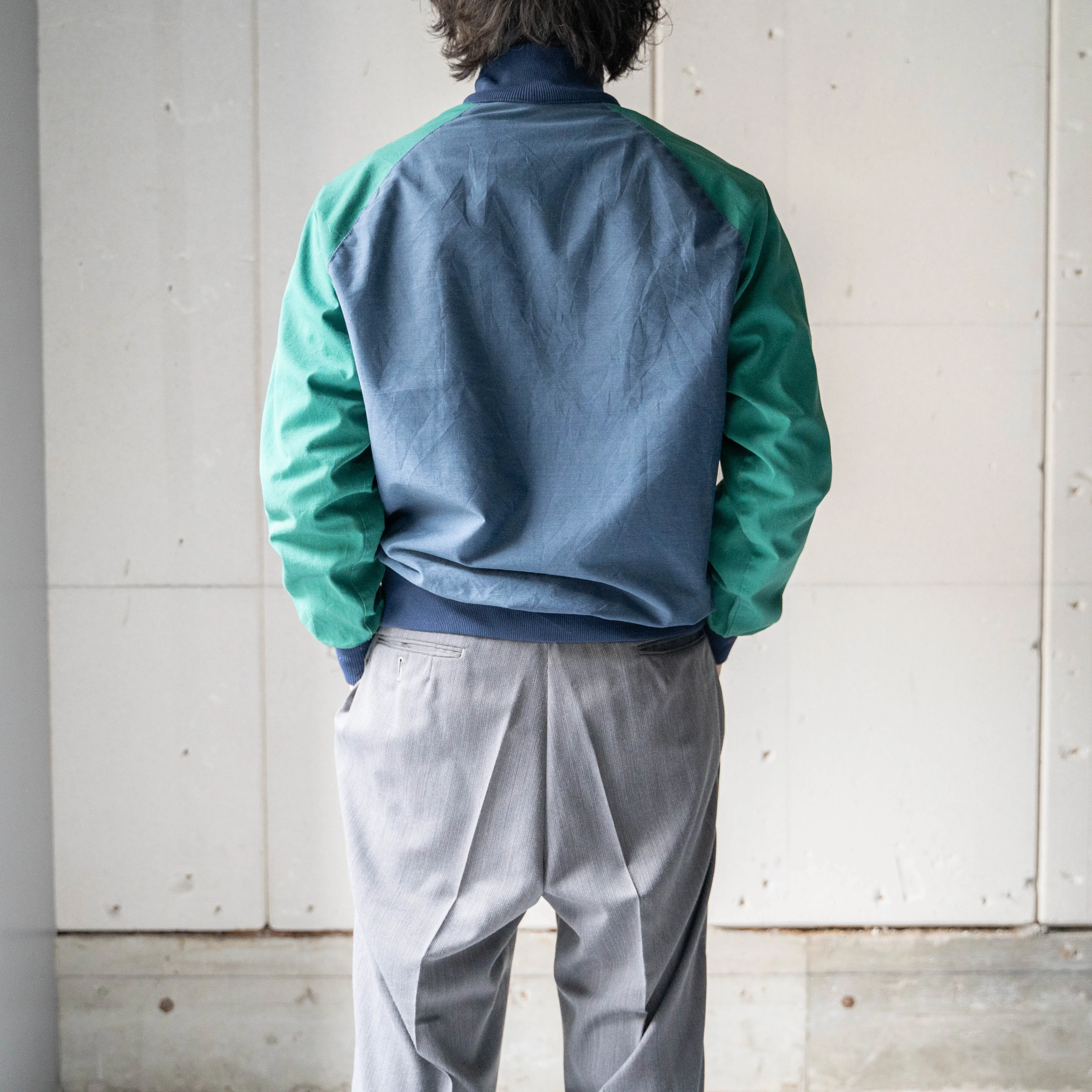 1980-90s green × navy half zip smock