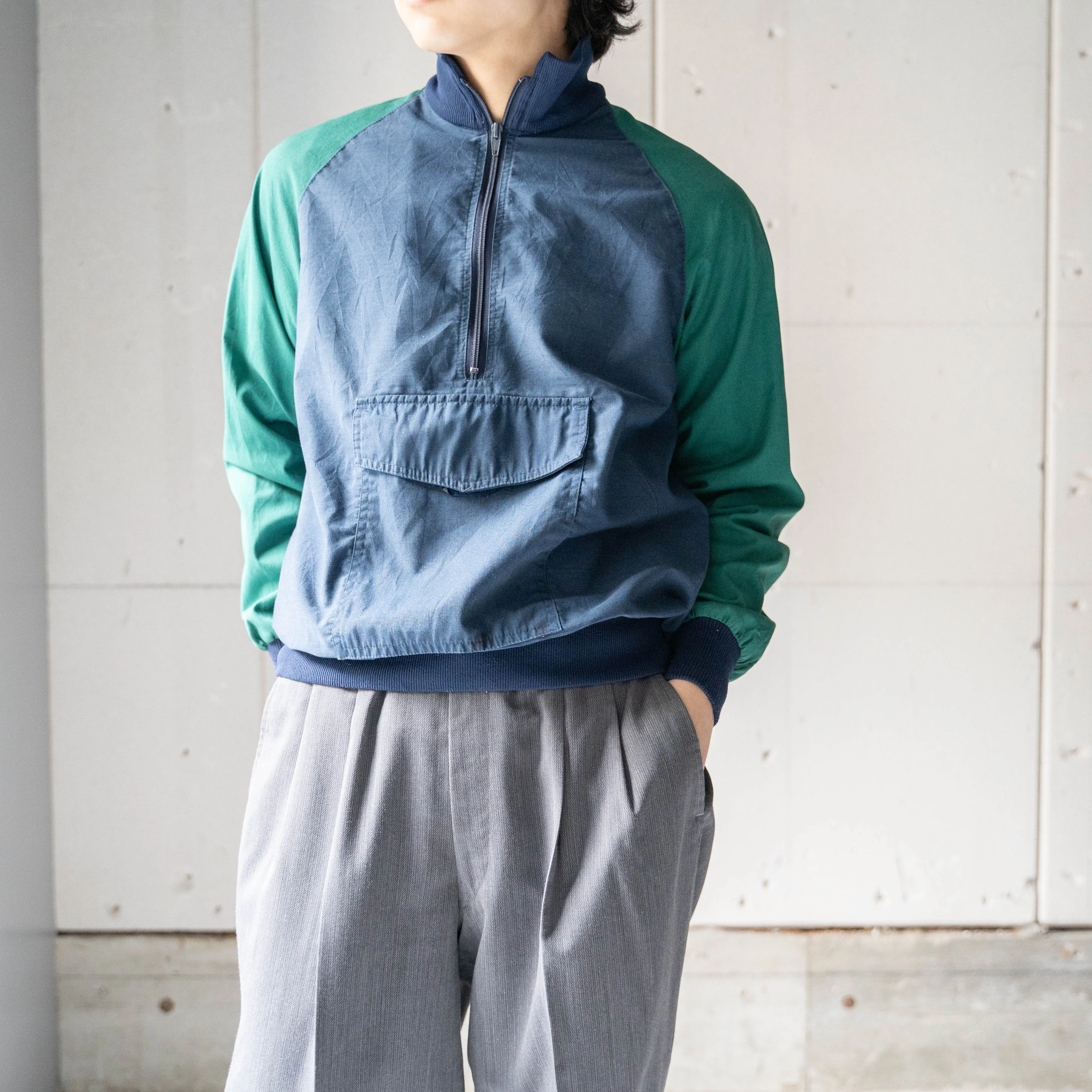 1980-90s green × navy half zip smock