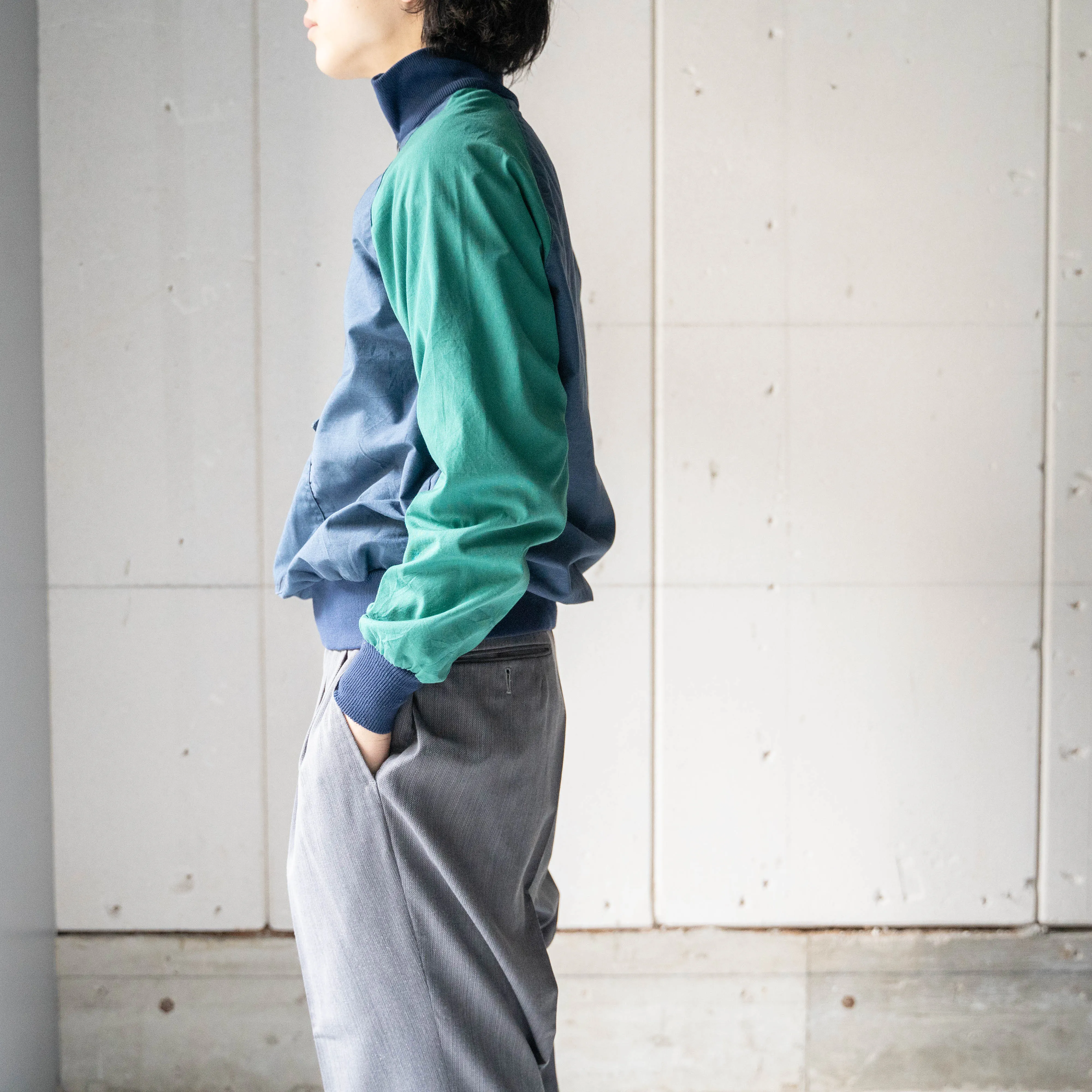 1980-90s green × navy half zip smock
