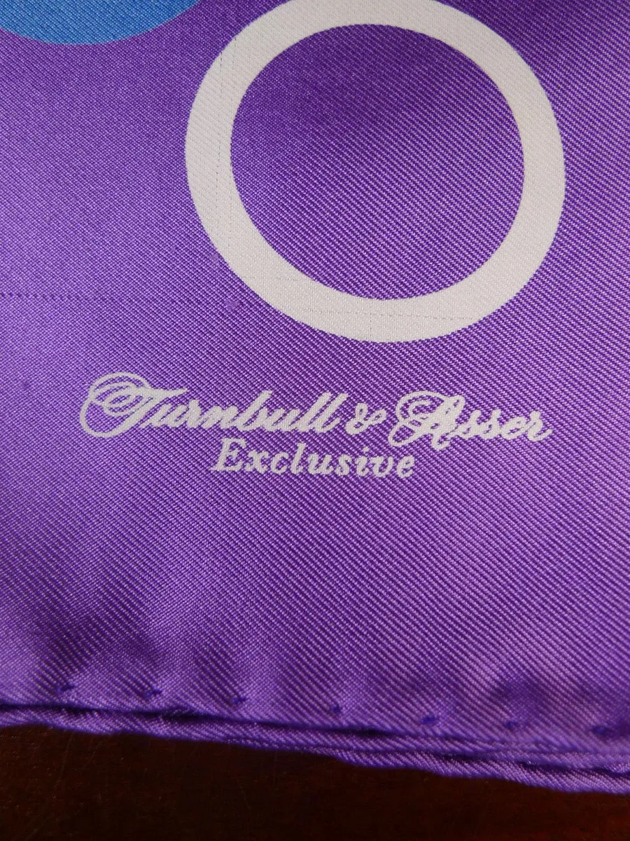 24/0398 new Turnbull & Asser JERMYN ST. purple blue circles pattern all silk pocket square
