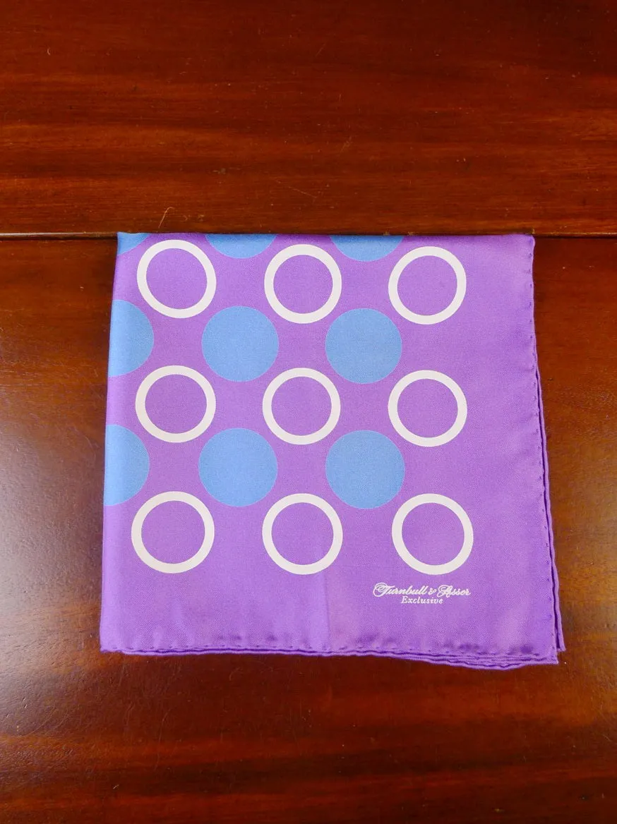 24/0398 new Turnbull & Asser JERMYN ST. purple blue circles pattern all silk pocket square