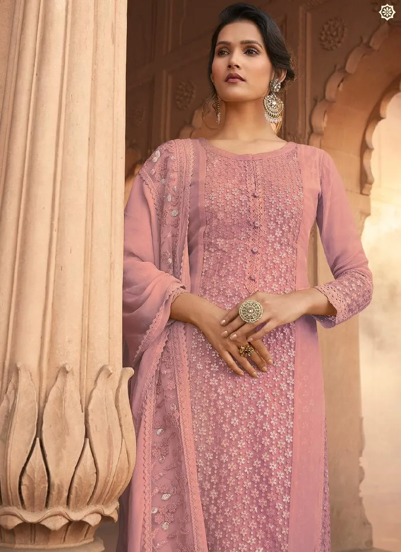 Adorable Peach Pink Color Georgette Base Heavy Work Palazzo Suit
