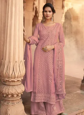 Adorable Peach Pink Color Georgette Base Heavy Work Palazzo Suit