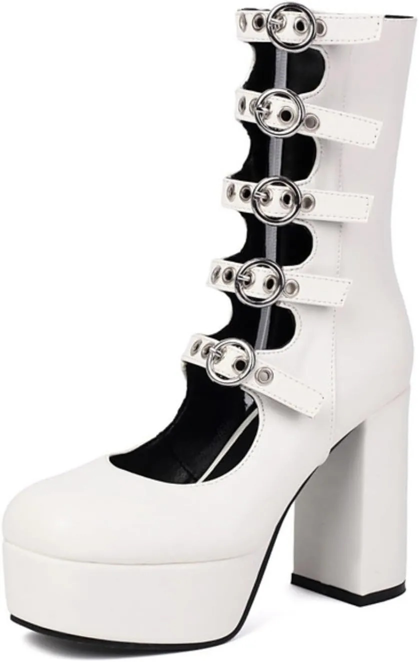 Aflngle Women's Platform Square Toe Closed Super High Chunky heels Side Zipper Mid Calf Boots Fashion Hollow Out Multi Row Ankle Strap Buckle Mary Jane Dress Shoes