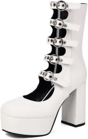 Aflngle Women's Platform Square Toe Closed Super High Chunky heels Side Zipper Mid Calf Boots Fashion Hollow Out Multi Row Ankle Strap Buckle Mary Jane Dress Shoes