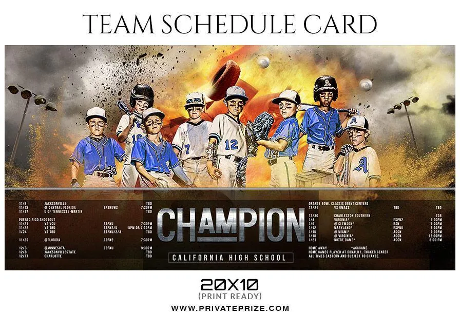 Baseball - Team Sports Schedule Card Photoshop Templates