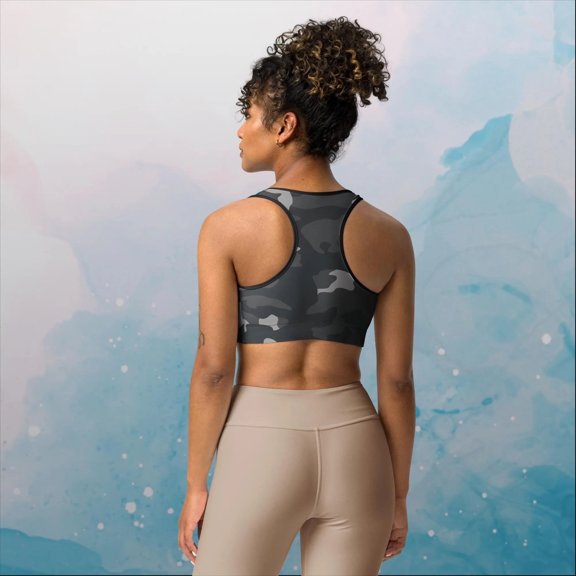 Black and Grey Camo Print Sports Bra