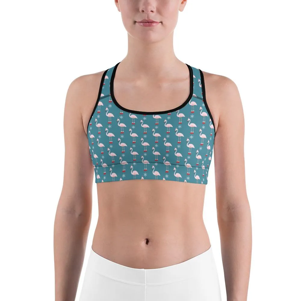 Christmas Flamingo Patterned Sports Bra