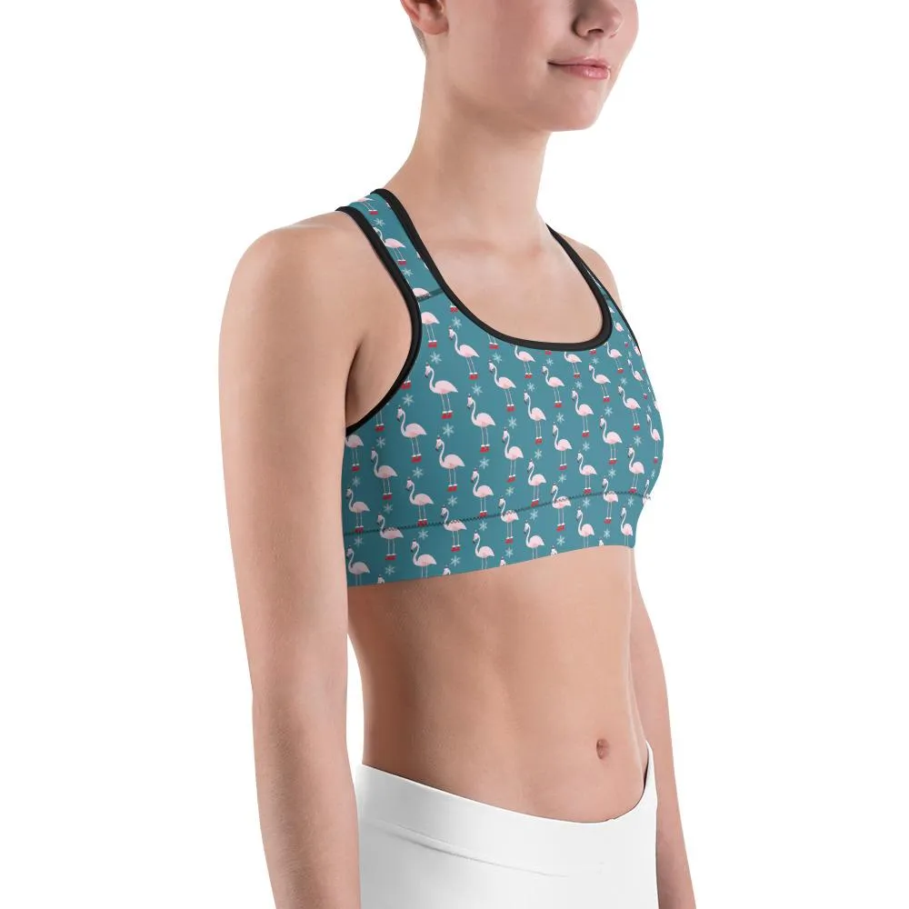 Christmas Flamingo Patterned Sports Bra