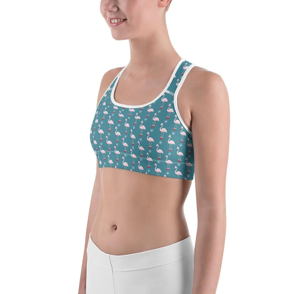 Christmas Flamingo Patterned Sports Bra