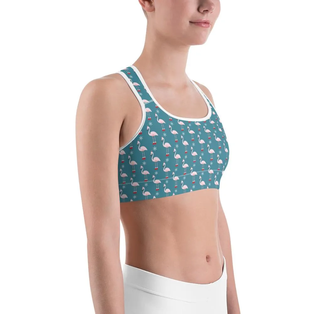 Christmas Flamingo Patterned Sports Bra