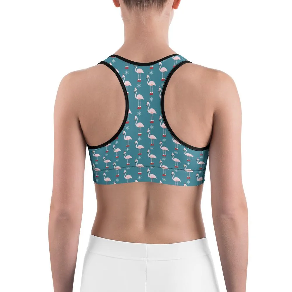 Christmas Flamingo Patterned Sports Bra