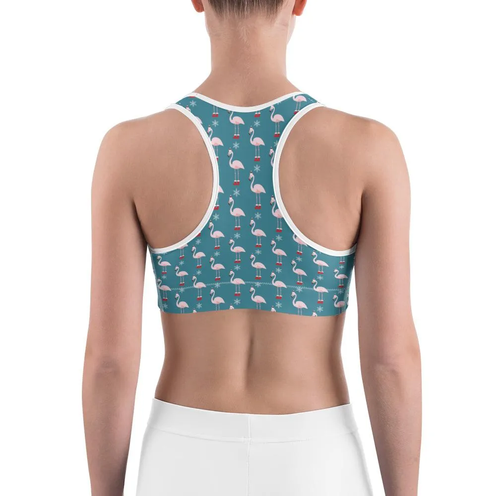Christmas Flamingo Patterned Sports Bra