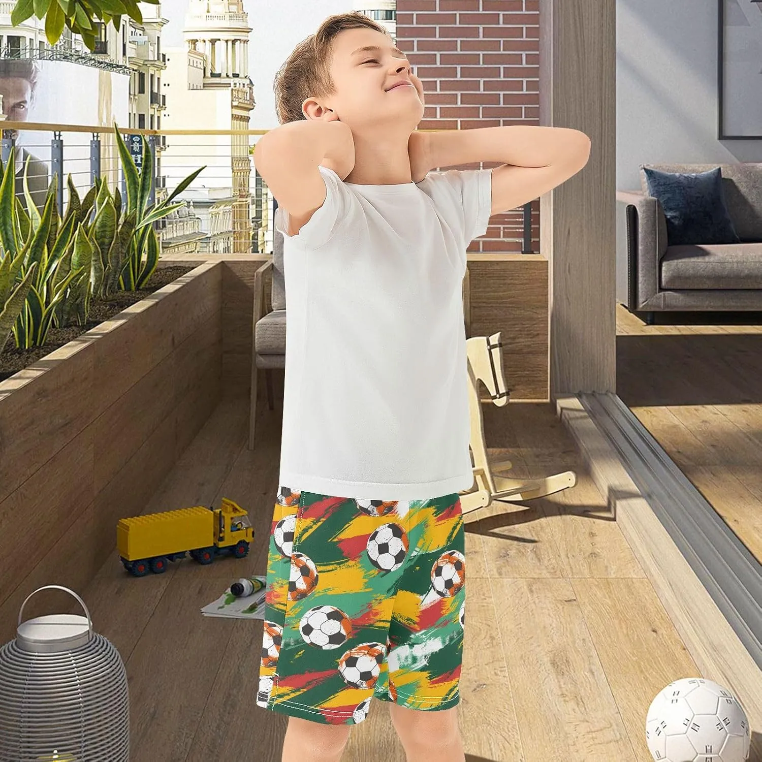 Colorful Cartoon Football Boys' Shorts Pants Summer Lounge Bottoms Boys Elastic Waist with Pockets