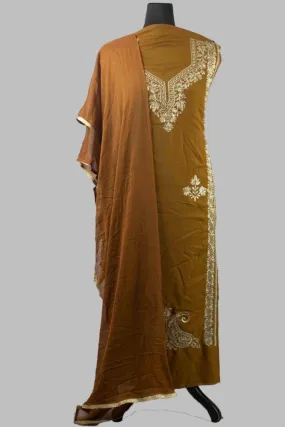 Dark Brown Colour Kashmiri Tilla Aari Work Salwar Kameez Exclusive Neckline Pattern With Embroidered Dupatta