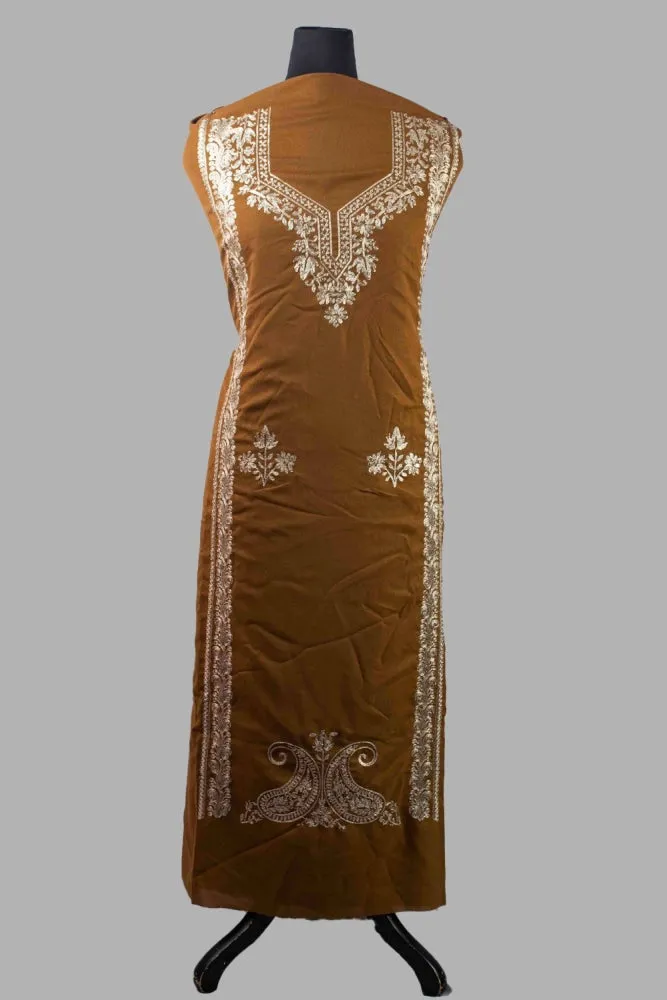 Dark Brown Colour Kashmiri Tilla Aari Work Salwar Kameez Exclusive Neckline Pattern With Embroidered Dupatta