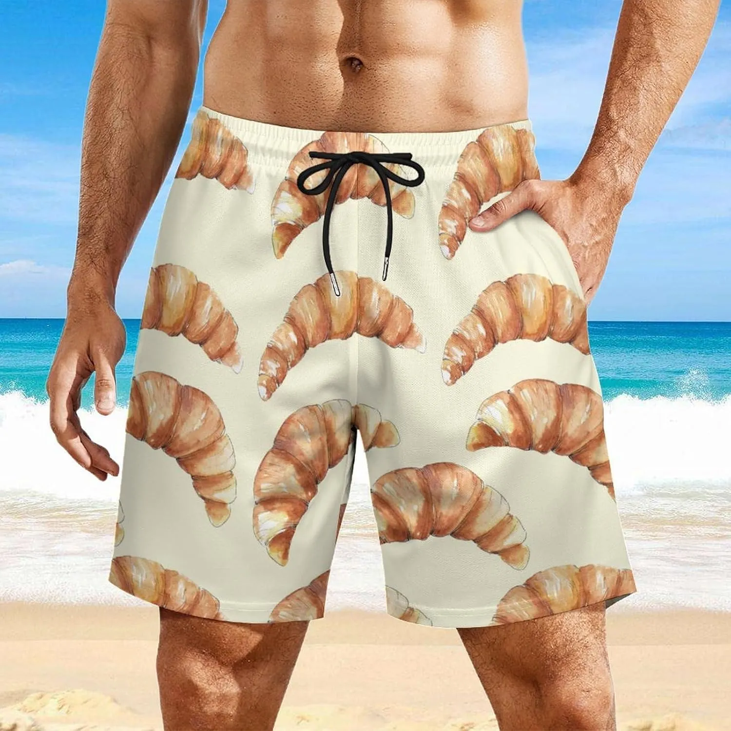 Draw Croissant Beach Shorts for Men Swim Trunks with Compression Liner Quick Dry 4 Pockets