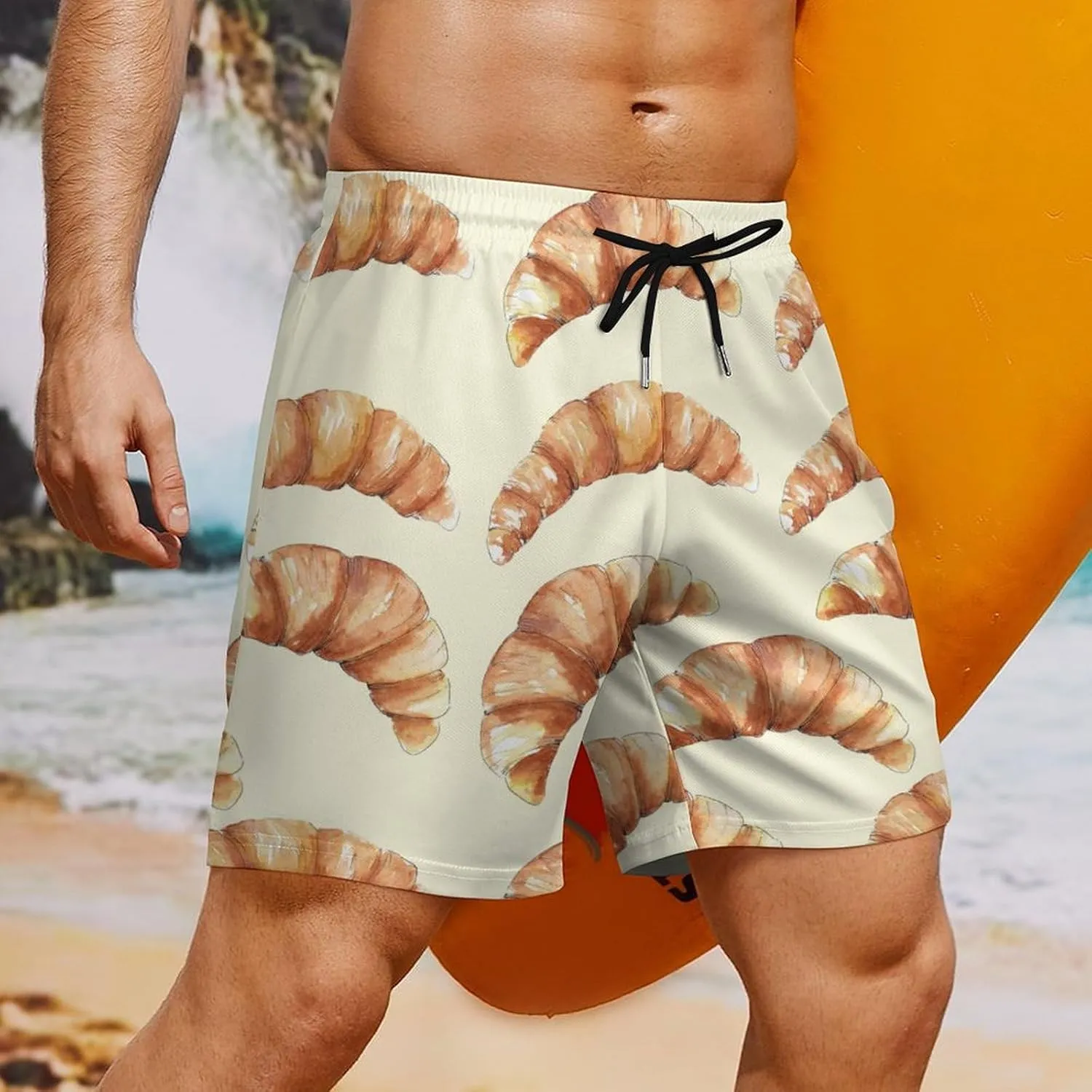 Draw Croissant Beach Shorts for Men Swim Trunks with Compression Liner Quick Dry 4 Pockets