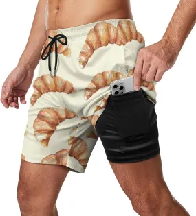 Draw Croissant Beach Shorts for Men Swim Trunks with Compression Liner Quick Dry 4 Pockets