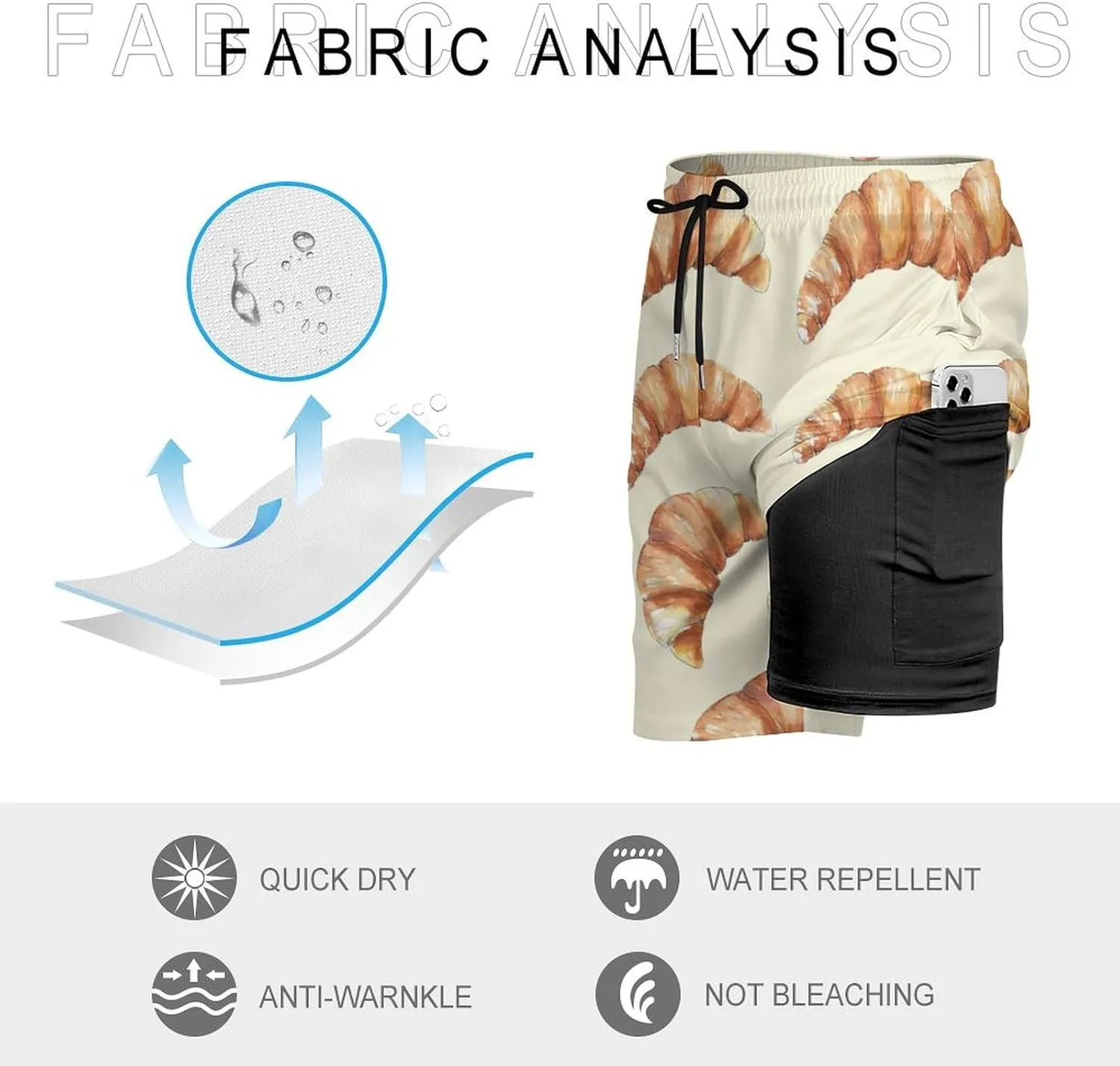 Draw Croissant Beach Shorts for Men Swim Trunks with Compression Liner Quick Dry 4 Pockets