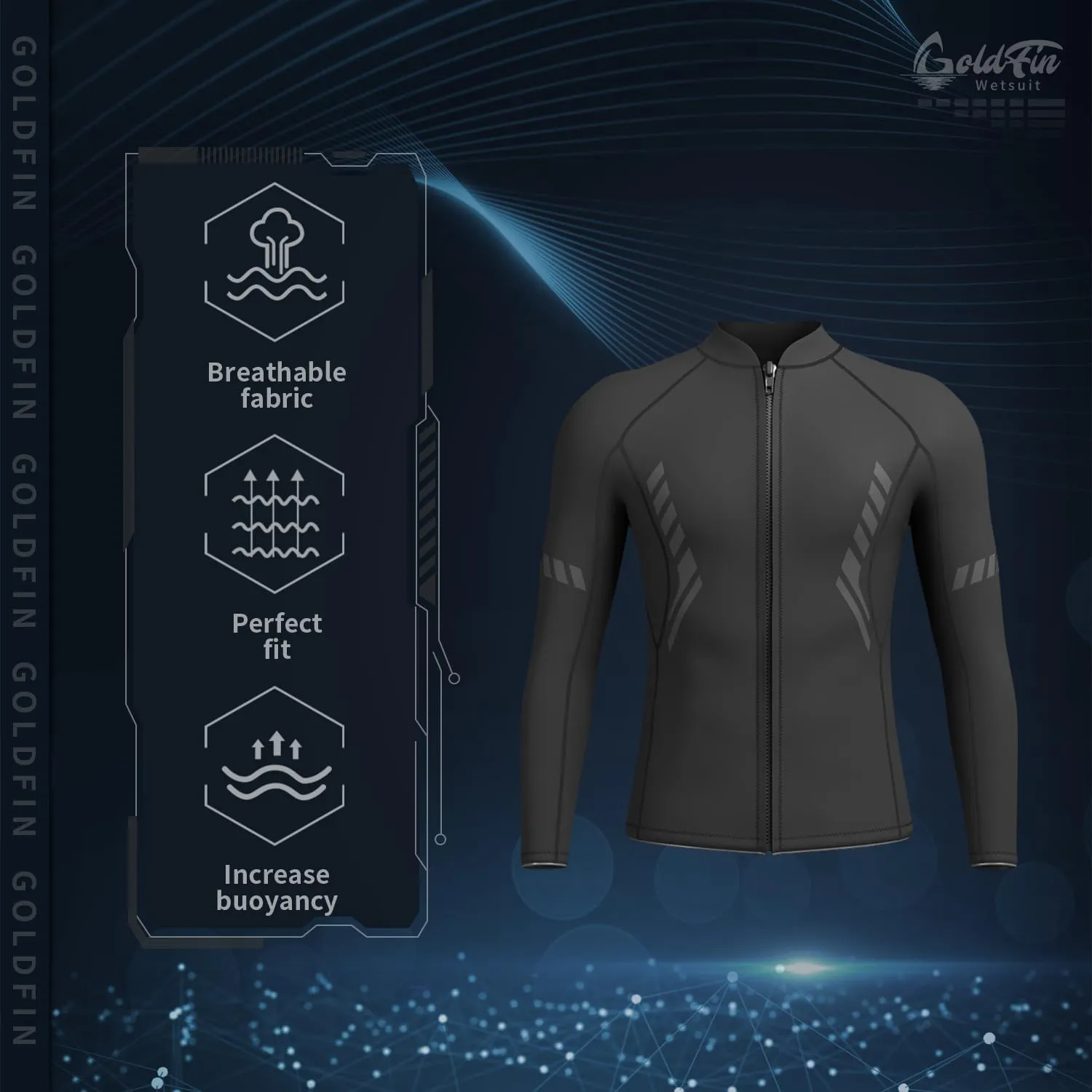 GoldFin Mens Wetsuit Top, 3mm Wetsuits Men Neoprene Jacket Long Sleeve Wet Suits for Water Sports Diving Surfing Kayaking Swimming