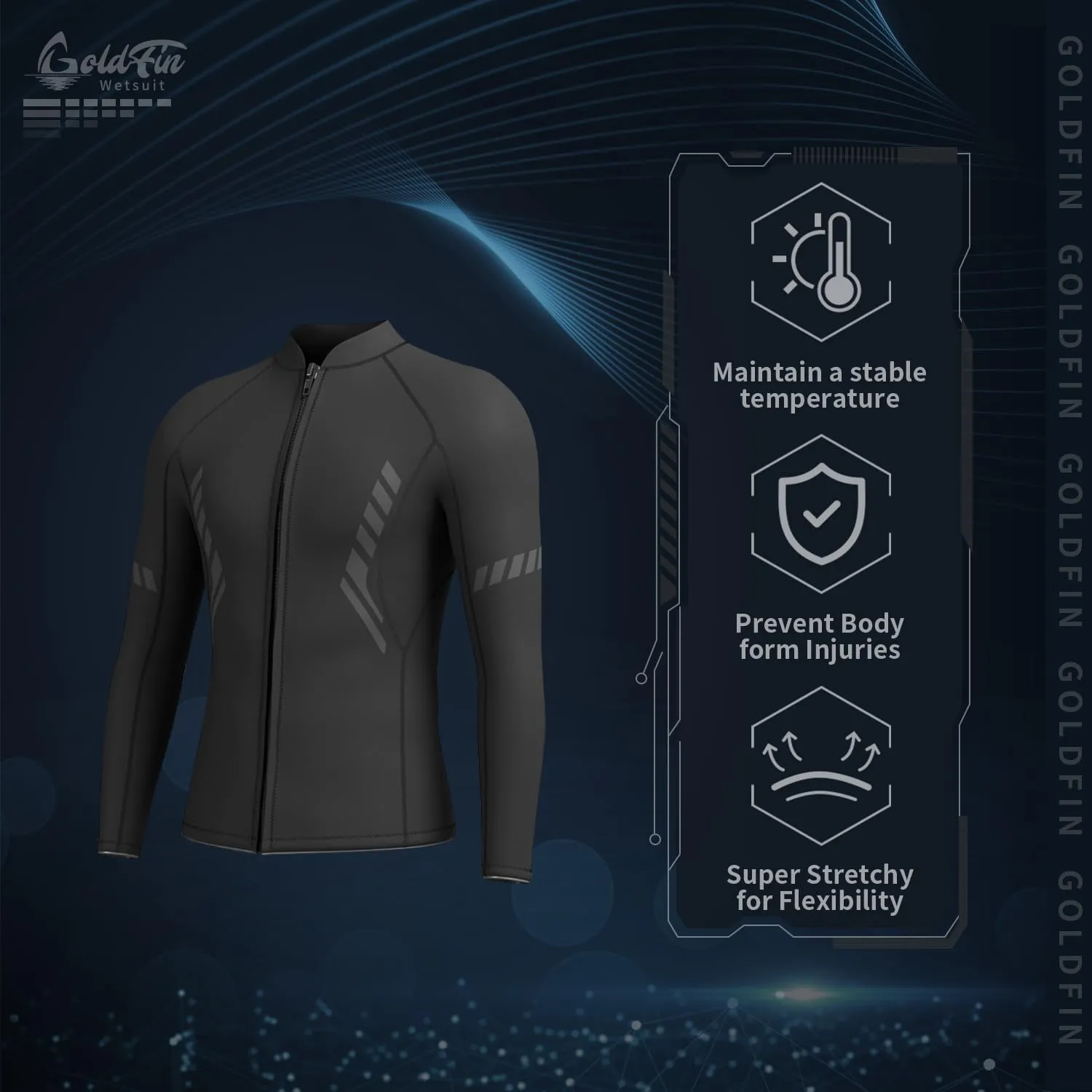 GoldFin Mens Wetsuit Top, 3mm Wetsuits Men Neoprene Jacket Long Sleeve Wet Suits for Water Sports Diving Surfing Kayaking Swimming