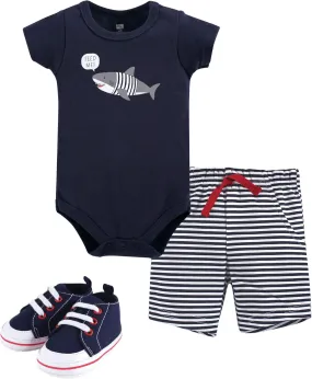 Hudson Baby Unisex Baby Cotton Bodysuit, Shorts and Shoe Set
