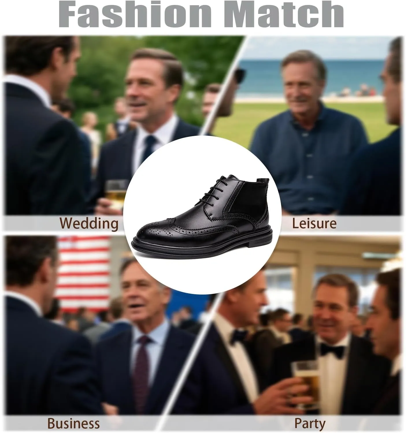 Men's Genuine Leather Wingtip Brogue Ankle Boots with Side Zip,Comfortable Non-Slip Sole Dress Oxford Business Casual Boots with lace up Retro High-Top work Boots for Office Formal Wear