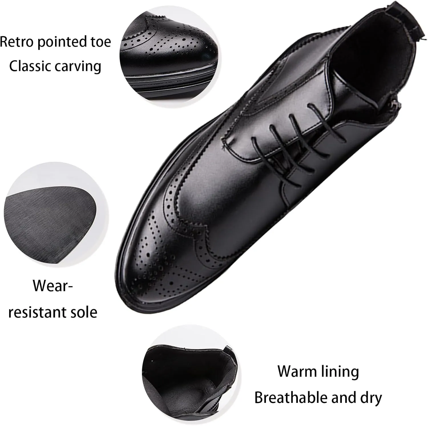 Men's Genuine Leather Wingtip Brogue Ankle Boots with Side Zip,Comfortable Non-Slip Sole Dress Oxford Business Casual Boots with lace up Retro High-Top work Boots for Office Formal Wear