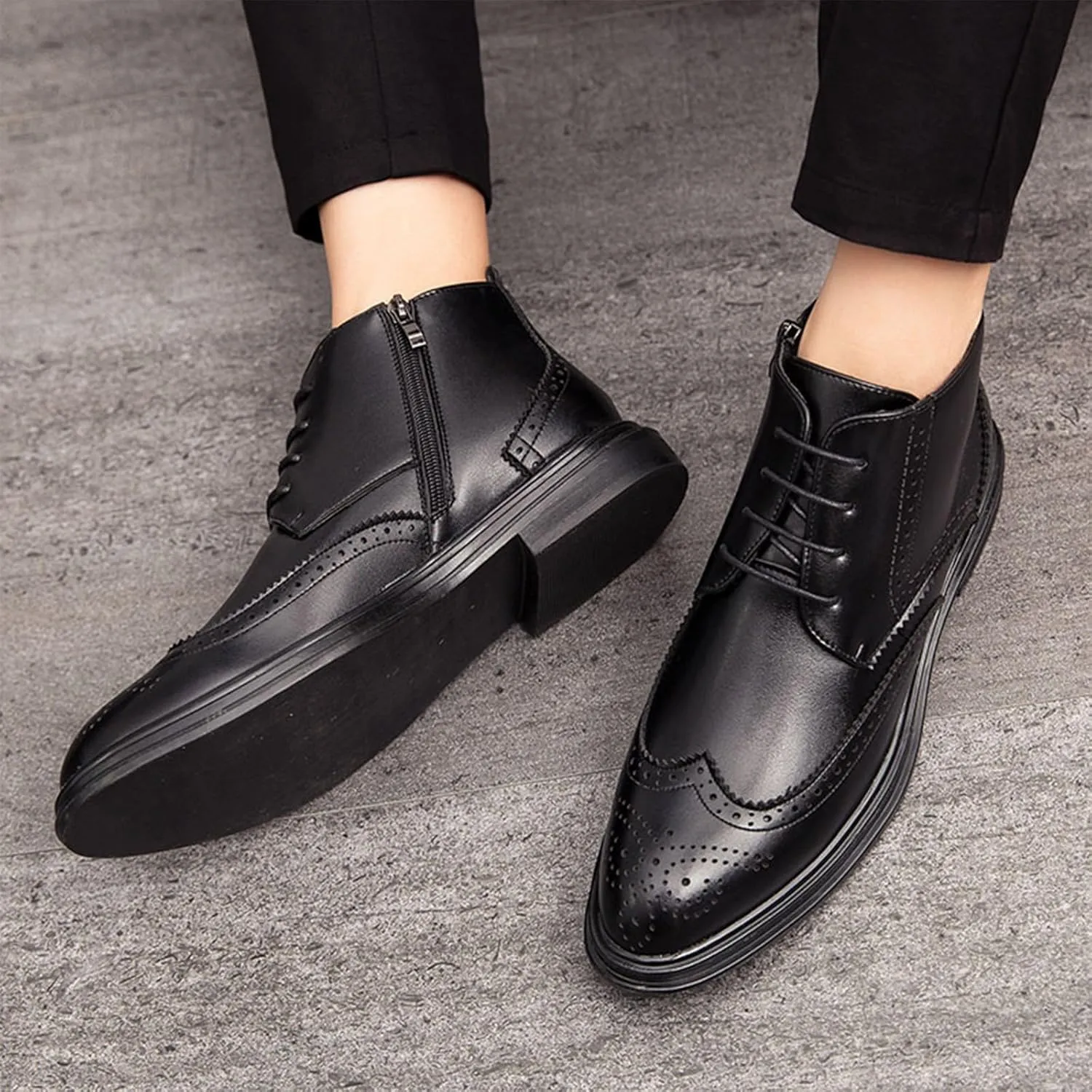 Men's Genuine Leather Wingtip Brogue Ankle Boots with Side Zip,Comfortable Non-Slip Sole Dress Oxford Business Casual Boots with lace up Retro High-Top work Boots for Office Formal Wear