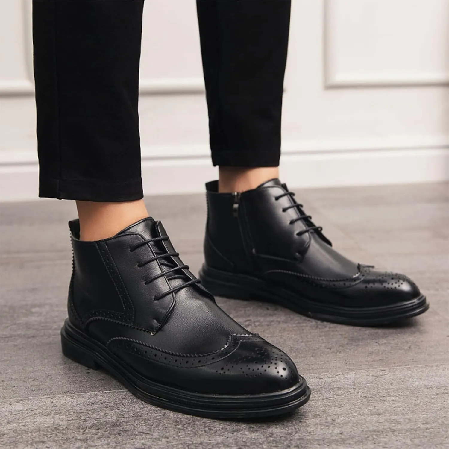 Men's Genuine Leather Wingtip Brogue Ankle Boots with Side Zip,Comfortable Non-Slip Sole Dress Oxford Business Casual Boots with lace up Retro High-Top work Boots for Office Formal Wear