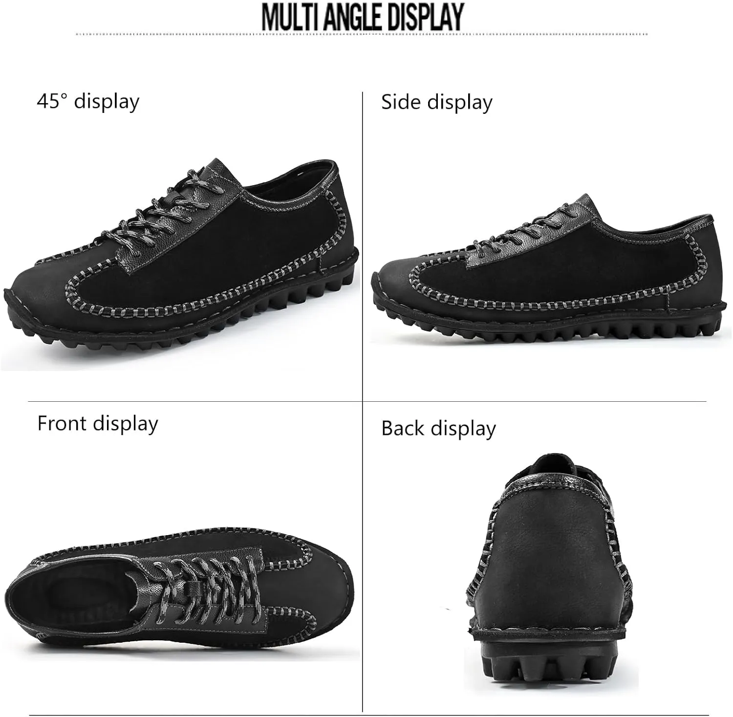 Men's Leather Hand Stitching Fashion Sneakers Casual Lace Up Anti-Slip Lug Sole Loafers Soft Driving Walking Shoes