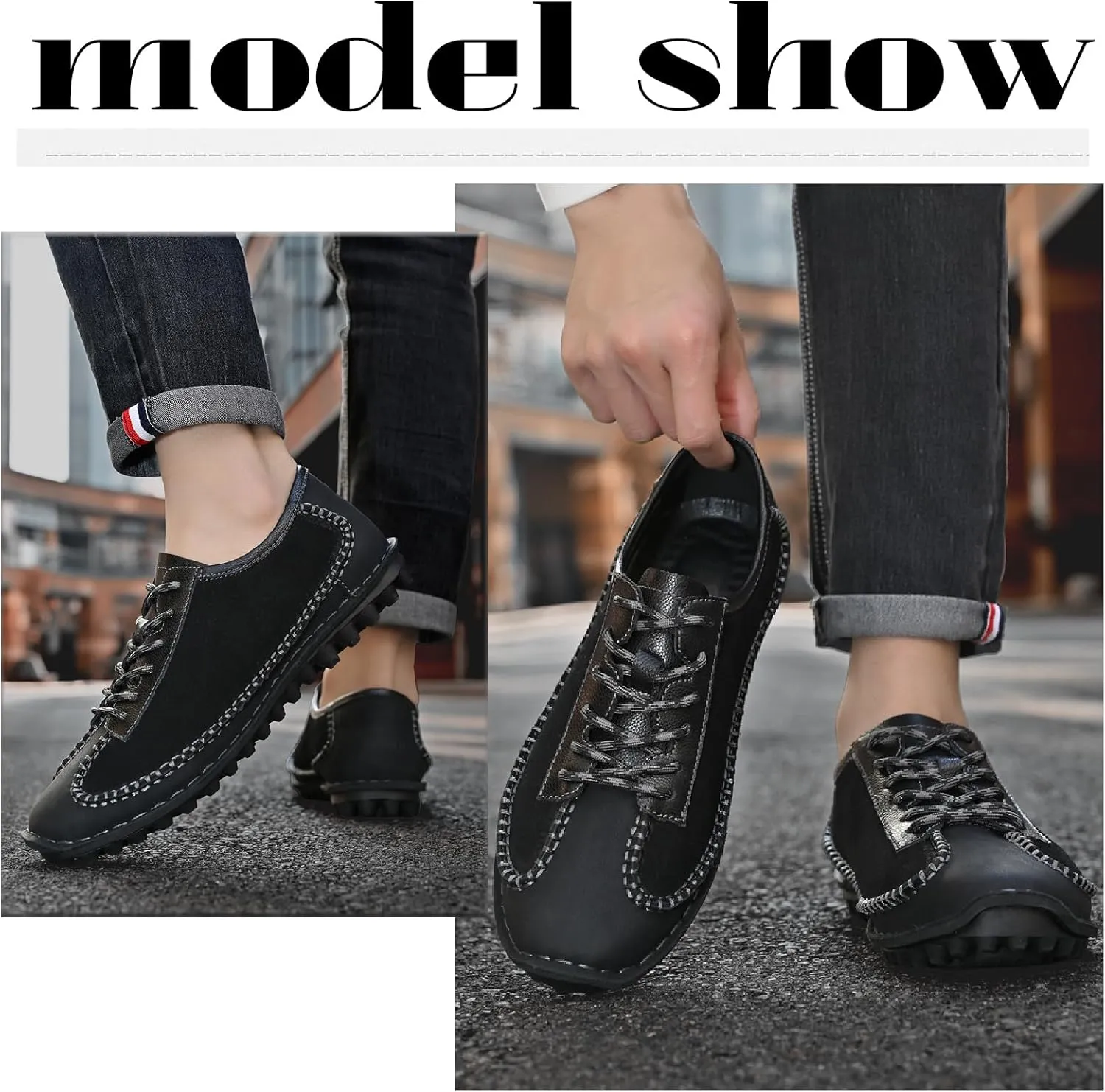 Men's Leather Hand Stitching Fashion Sneakers Casual Lace Up Anti-Slip Lug Sole Loafers Soft Driving Walking Shoes