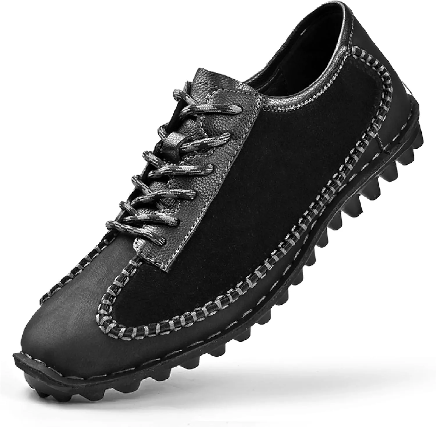 Men's Leather Hand Stitching Fashion Sneakers Casual Lace Up Anti-Slip Lug Sole Loafers Soft Driving Walking Shoes