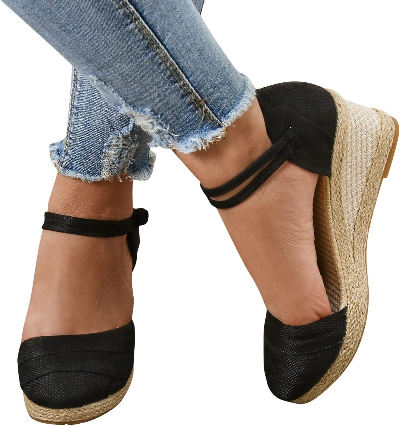 Ohxixhia Platform Sandals for Women Dressy, Espadrilles Button Ankle Strap Closed Toe Wedges Platform Sandal, Beach Sandals