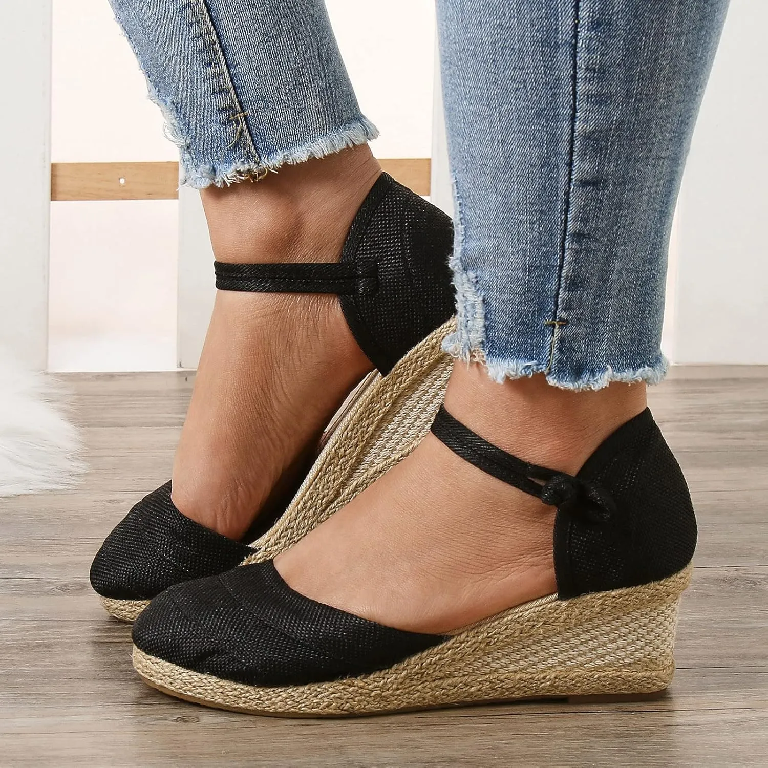 Ohxixhia Platform Sandals for Women Dressy, Espadrilles Button Ankle Strap Closed Toe Wedges Platform Sandal, Beach Sandals