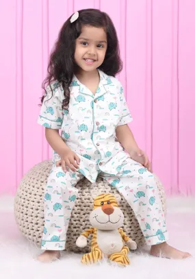Polka tots Half Sleeve Elephant print Night Suit -  White