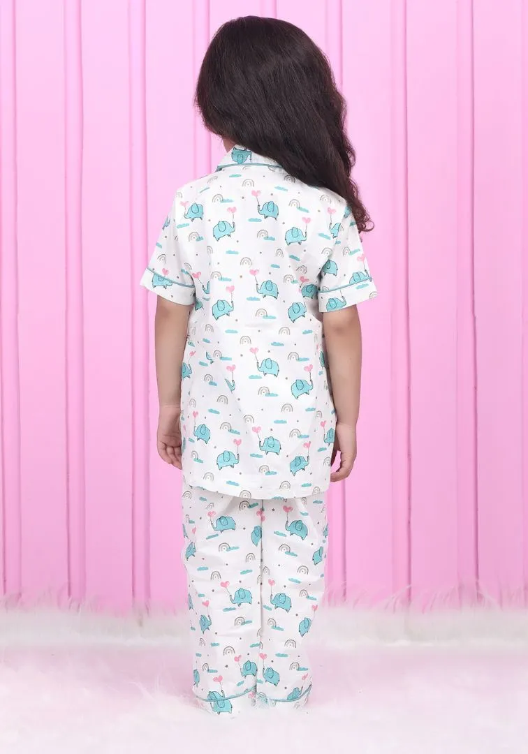 Polka tots Half Sleeve Elephant print Night Suit -  White