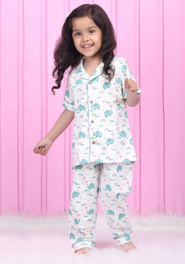 Polka tots Half Sleeve Elephant print Night Suit -  White