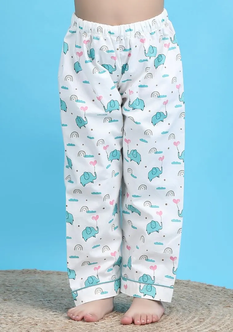Polka tots Half Sleeve Elephant print Night Suit -  White