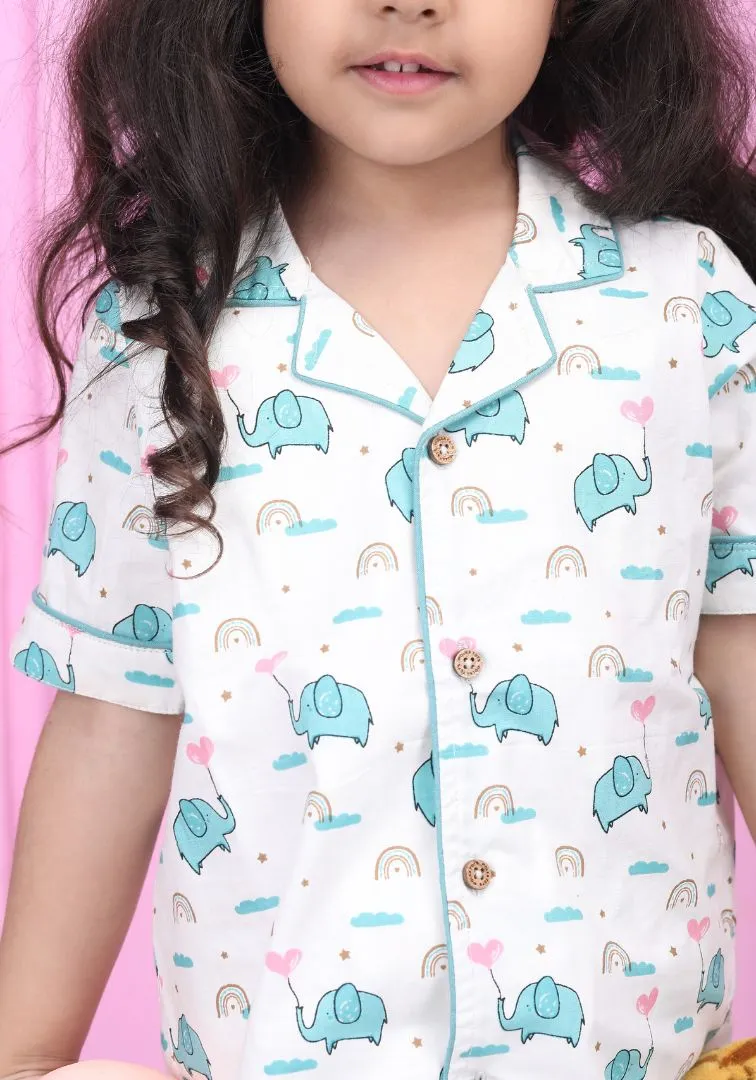 Polka tots Half Sleeve Elephant print Night Suit -  White