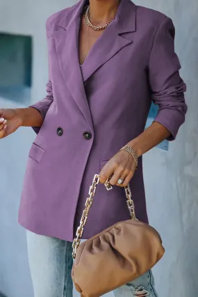 Purple Double-Breasted Padded Shoulder Blazer with Pockets