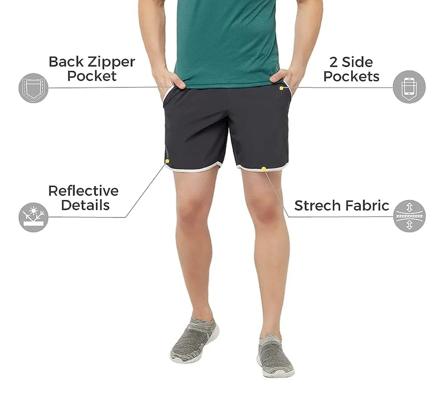 Romano nx Men's Dark Grey 7 inch Dry Fit Sports Running Reflective Shorts with 2 Side Pockets and Zipper Back Pocket