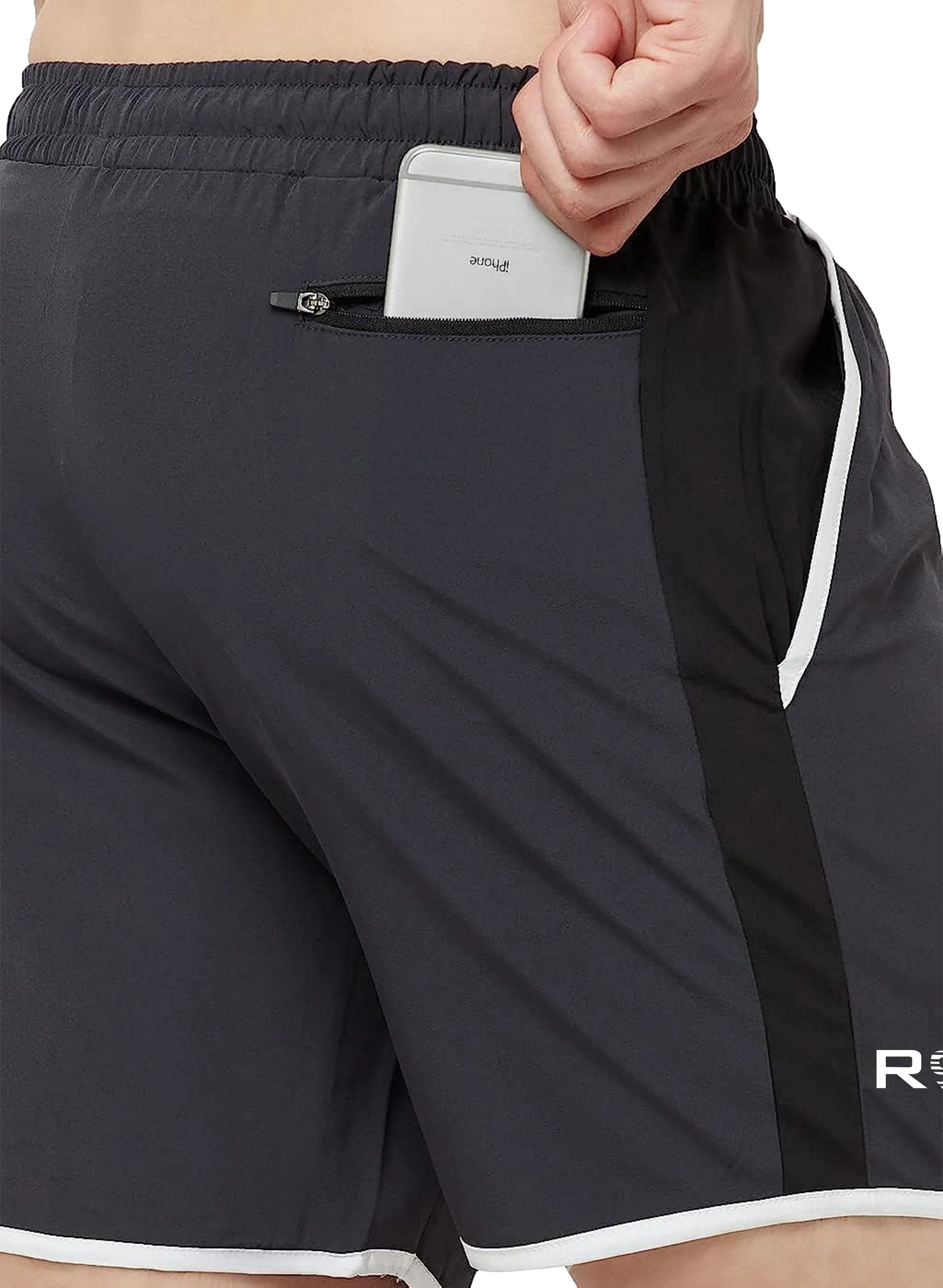 Romano nx Men's Dark Grey 7 inch Dry Fit Sports Running Reflective Shorts with 2 Side Pockets and Zipper Back Pocket