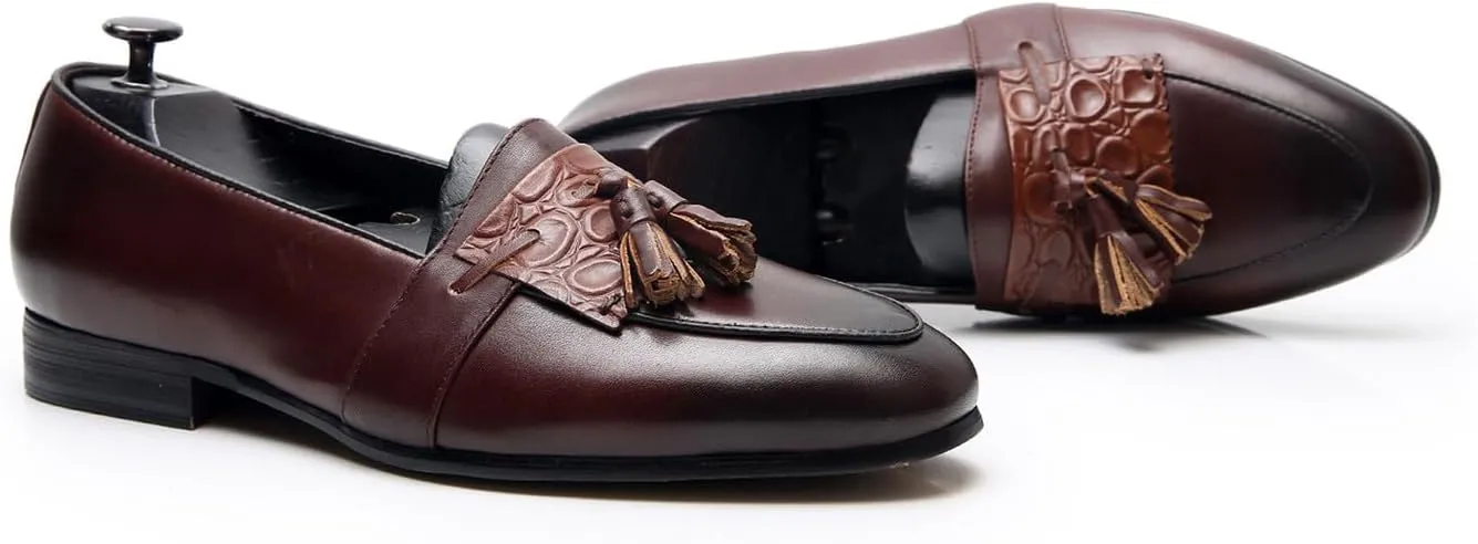 Santimon Men's Genuine Leather Tassel Loafers - Slip-On Dress Shoes for Casual, Business, Wedding & Prom - Modern Penny Loafers for Suits & Tuxedos