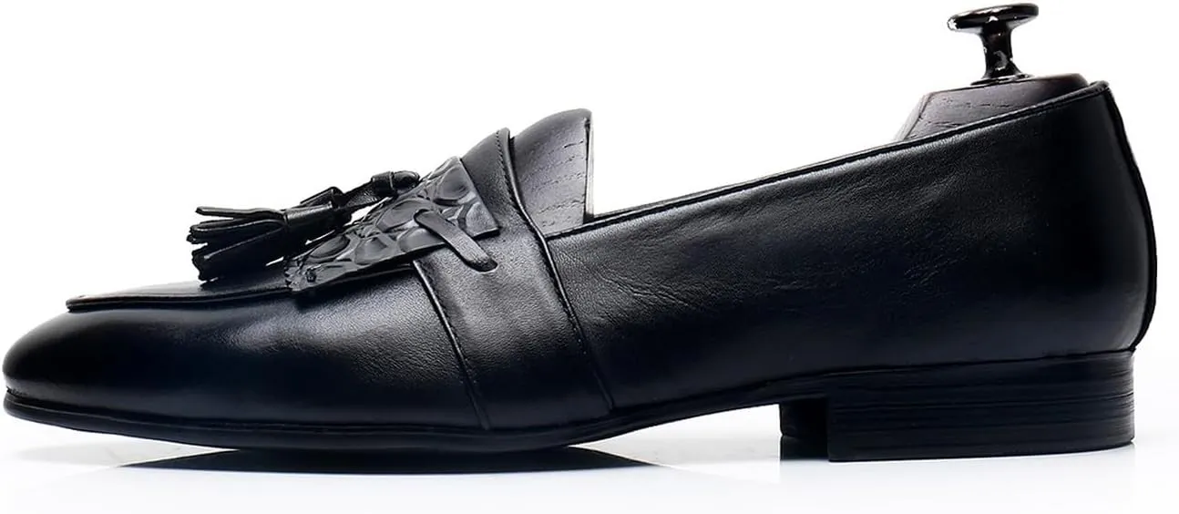Santimon Men's Genuine Leather Tassel Loafers - Slip-On Dress Shoes for Casual, Business, Wedding & Prom - Modern Penny Loafers for Suits & Tuxedos
